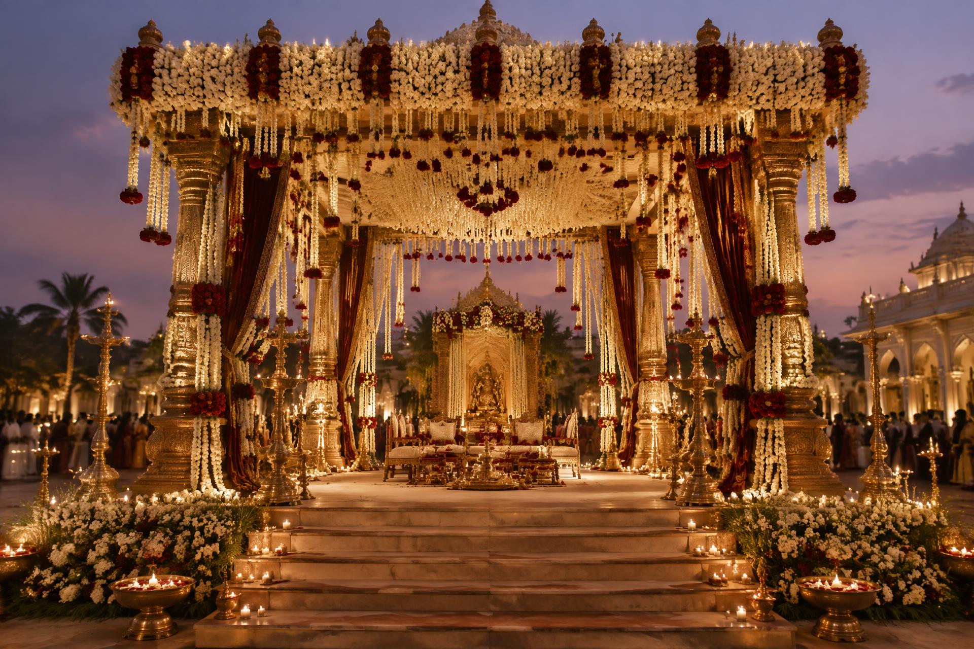 Grand Utsav floral wedding mandap at night